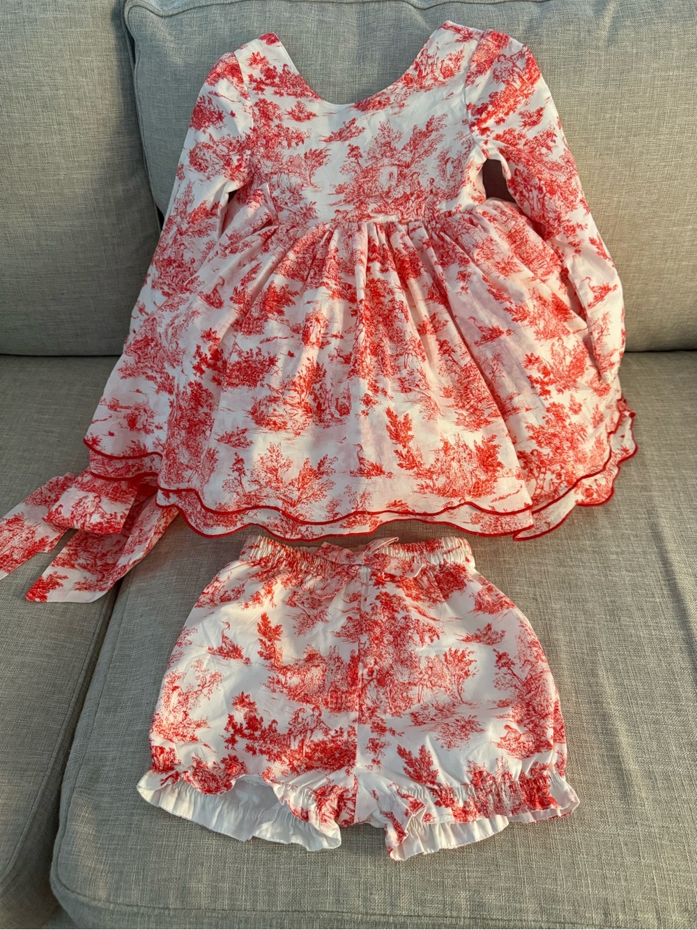 Red Toile Print Girls' Formal Dress with Bow - Picture 2 of 9